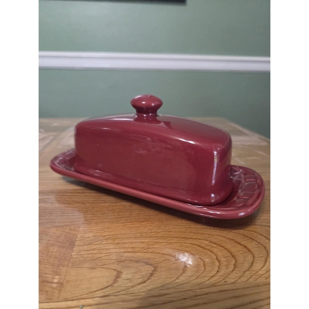 Longaberger Pottery Paprika Red Woven Traditions Covered Butter Serving Dish